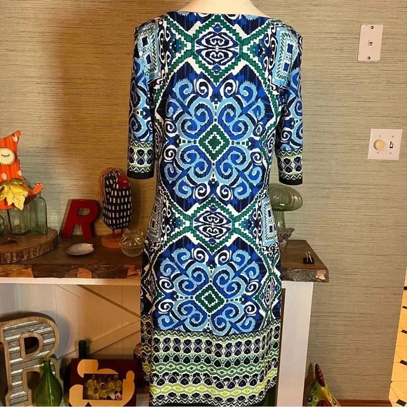 ELIZA J Elbow Sleeve Green & Blue Sheath Dress Women’s Size 10 Geometric - Picture 5 of 9